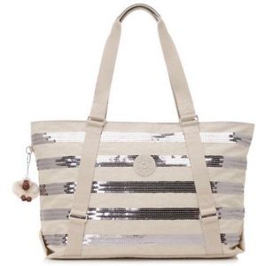 KIPLING large tote bag sequin w/ monkey taipe silver nylon big EUC
